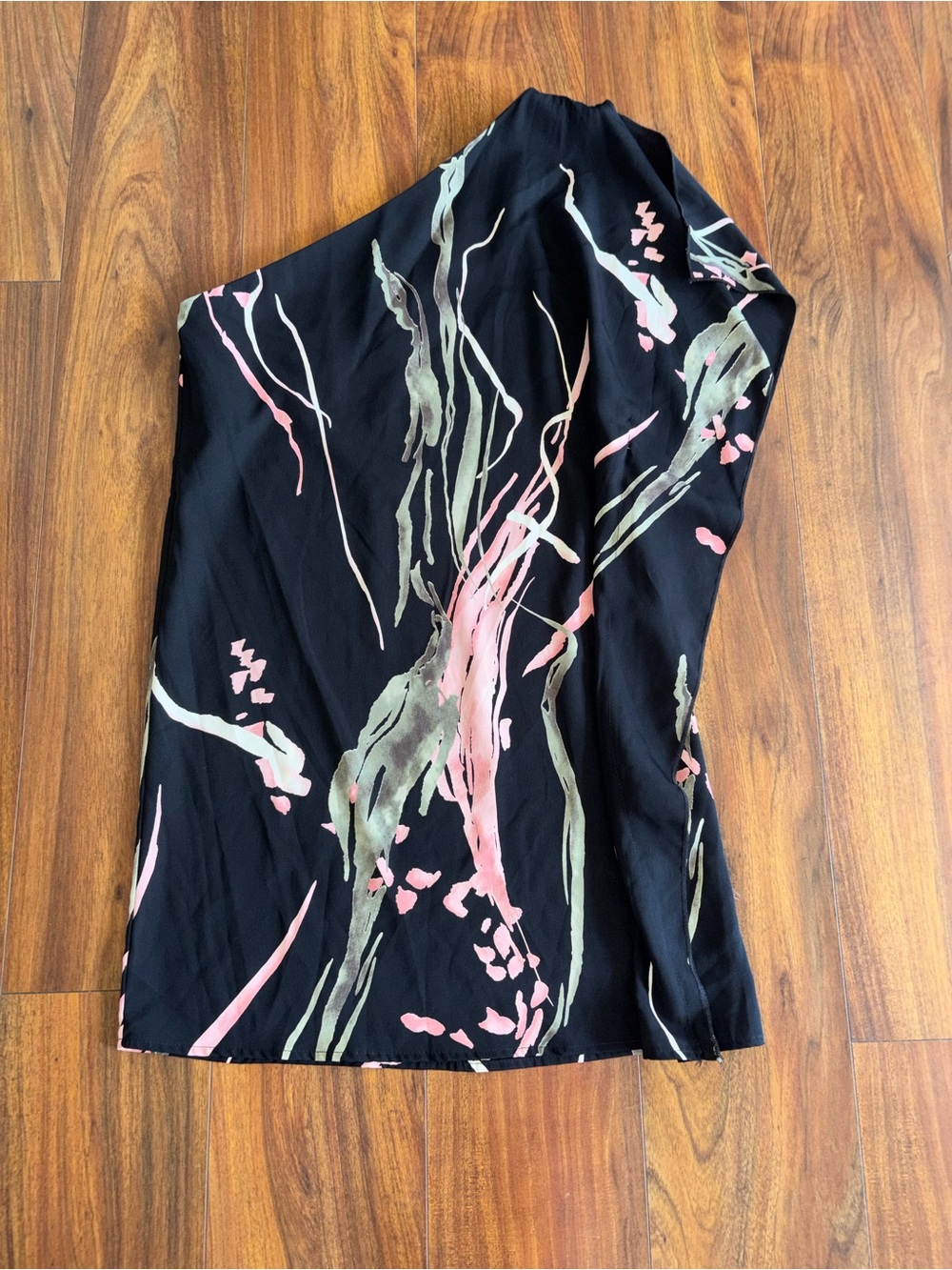 Tyche One-Shoulder Black Dress with Pink and Olive Abstract Print